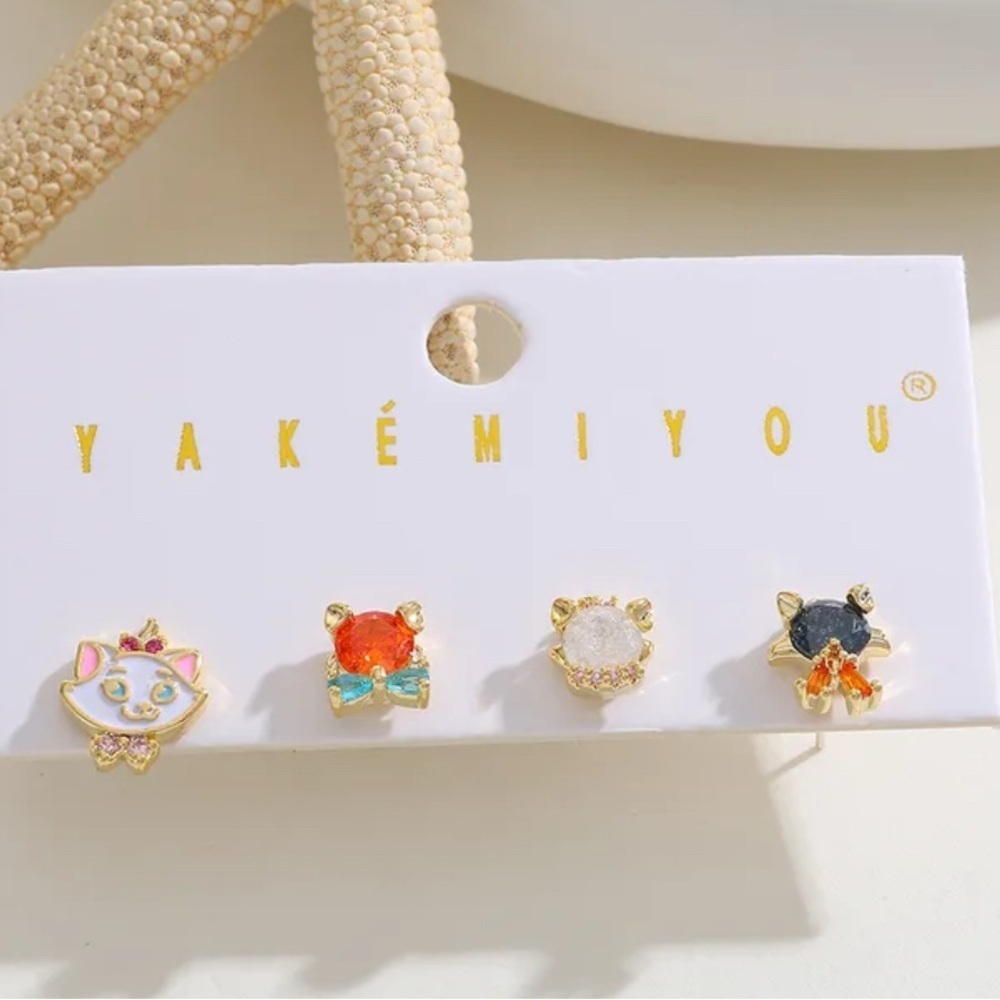 14K Gold Disney Aristocats Inspired Theme Mismatched Stud Earrings Set Character